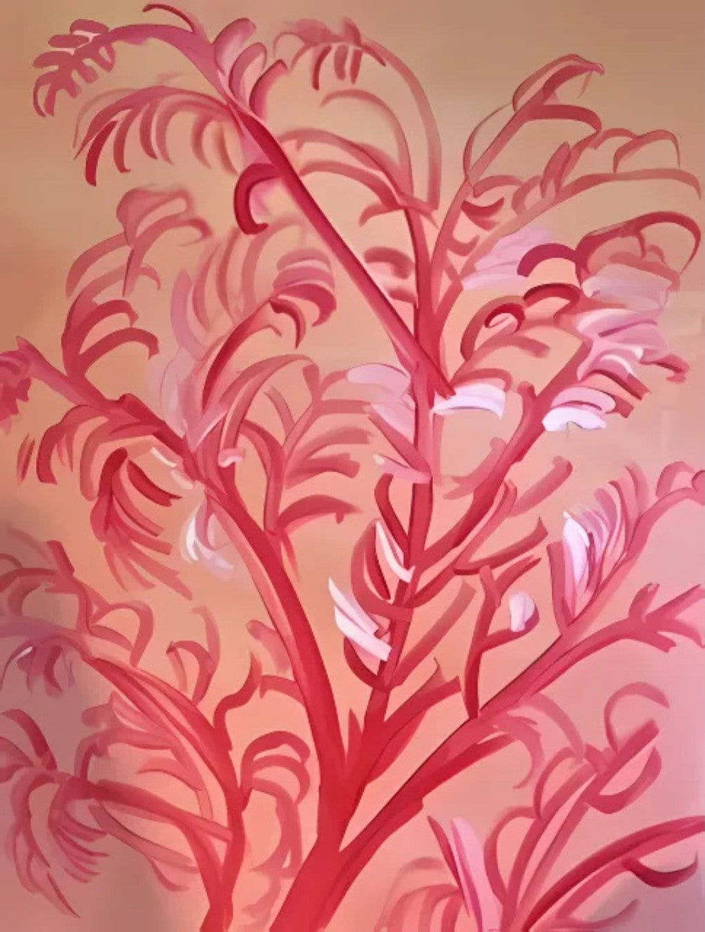 Gemälde "Koralle" von Federica, Acryl auf Leinwand, 110x90 cm. Abstrakte Darstellung von Korallen in verschiedenen Rottönen auf einem hellen Hintergrund. ARTSPACER