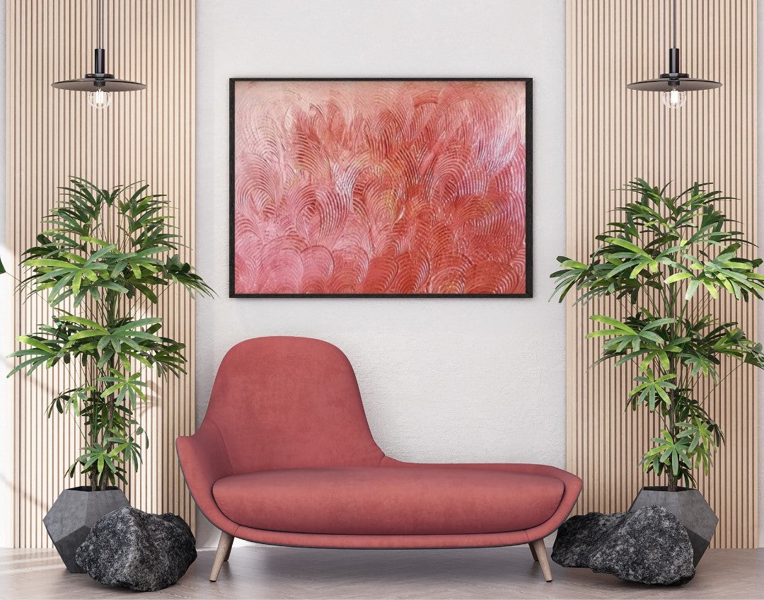 Acrylgemälde „Rote Welle“ von Federica: wellenförmige Strukturen in intensiven Rottönen auf Leinwand, 80 x 100 cm /ARTSPACER