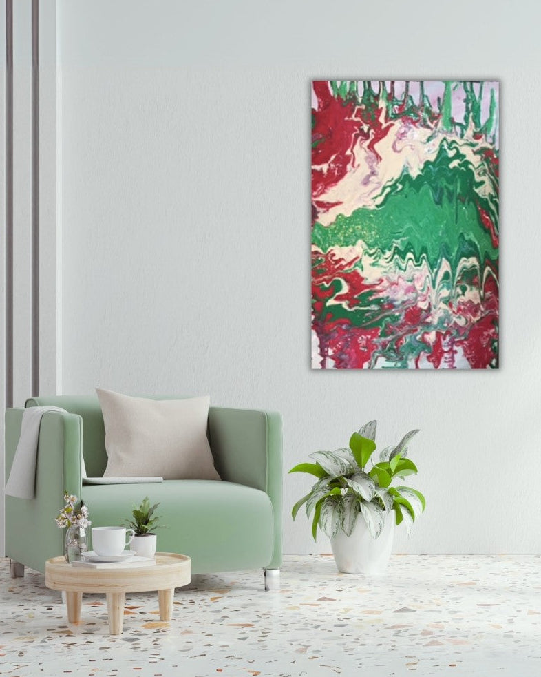 Acrylgemälde „Viva Italia“ von Federica: Rot, Grün und Weiß in fließender Pouring-Technik, dynamische Strukturen auf Leinwand, 60 x 40 cm