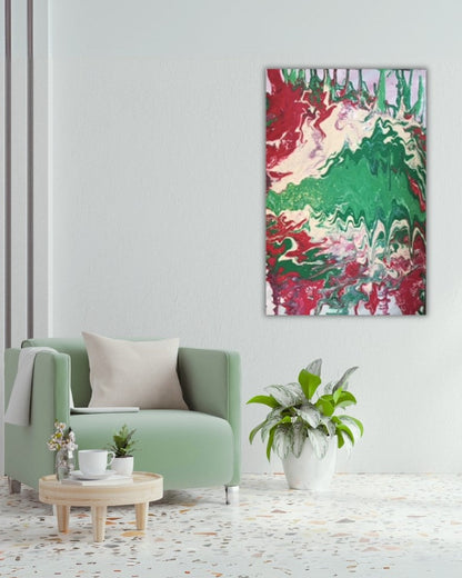 Acrylgemälde „Viva Italia“ von Federica: Rot, Grün und Weiß in fließender Pouring-Technik, dynamische Strukturen auf Leinwand, 60 x 40 cm