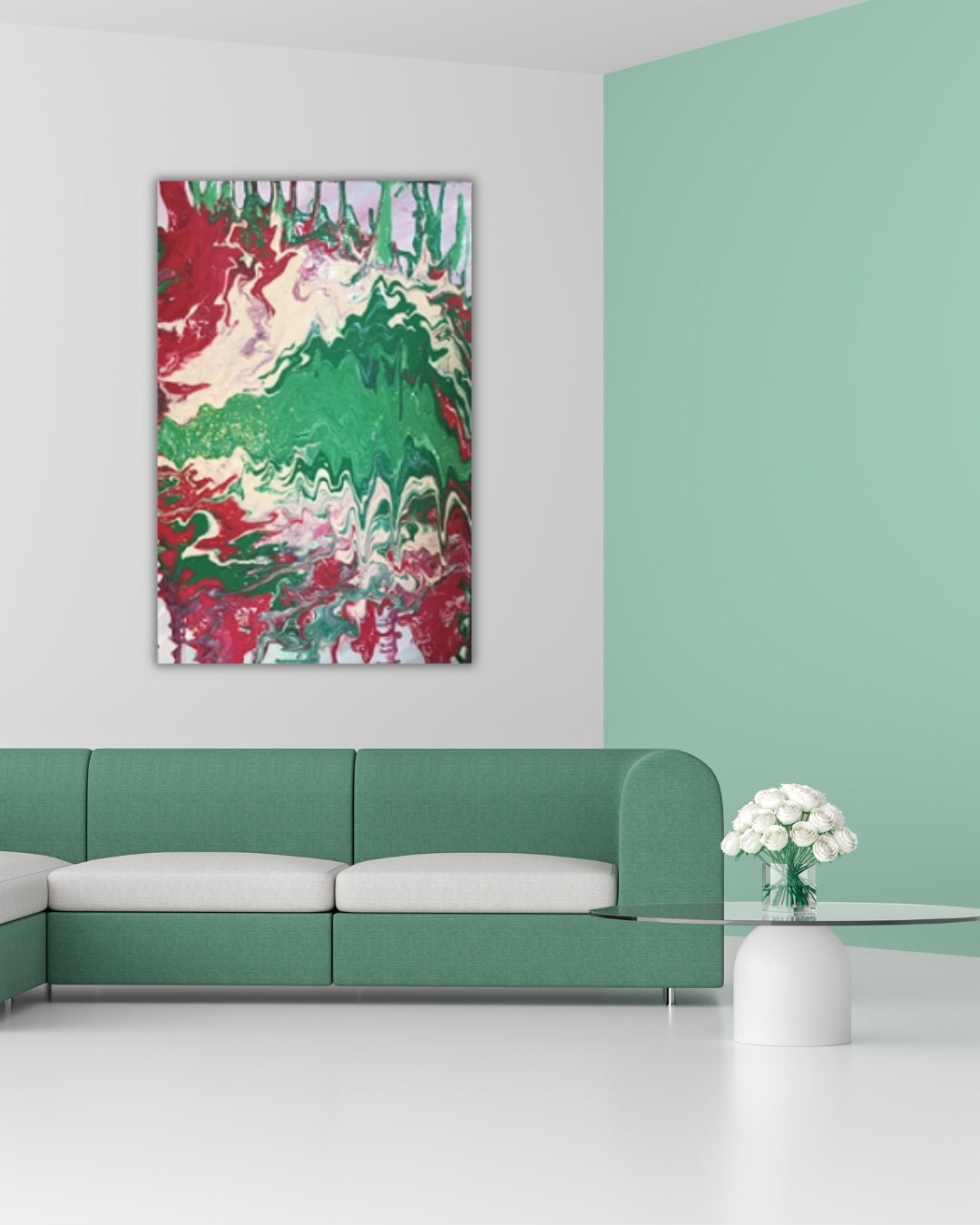 Acrylgemälde „Viva Italia“ von Federica: Rot, Grün und Weiß in fließender Pouring-Technik, dynamische Strukturen auf Leinwand, 60 x 40 cm