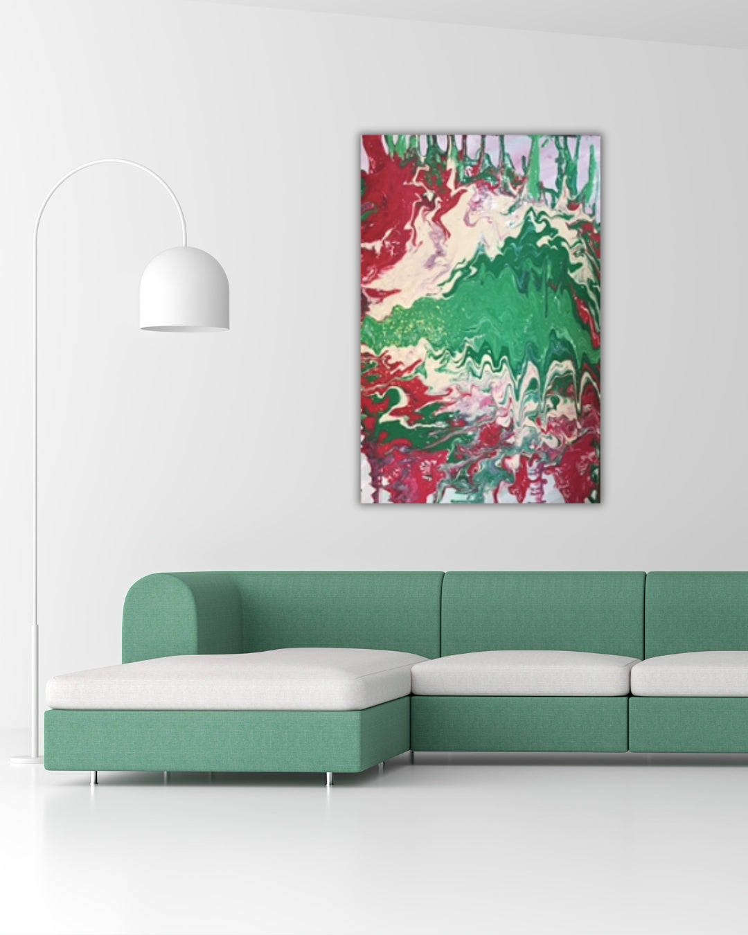 Acrylgemälde „Viva Italia“ von Federica: Rot, Grün und Weiß in fließender Pouring-Technik, dynamische Strukturen auf Leinwand, 60 x 40 cm