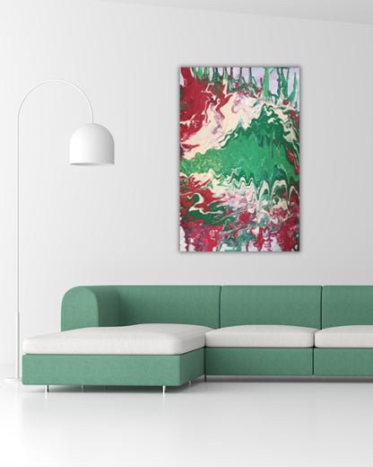 Acrylgemälde „Viva Italia“ von Federica: Rot, Grün und Weiß in fließender Pouring-Technik, dynamische Strukturen auf Leinwand, 60 x 40 cm