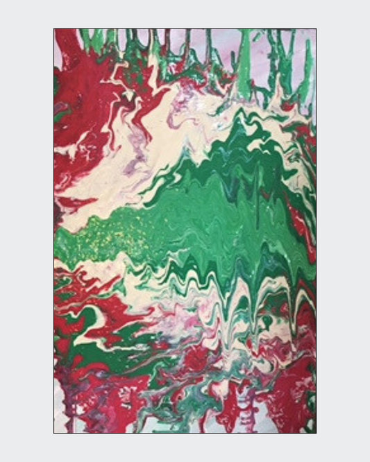 Acrylgemälde „Viva Italia“ von Federica: Rot, Grün und Weiß in fließender Pouring-Technik, dynamische Strukturen auf Leinwand, 60 x 40 cm / ARTSPACER