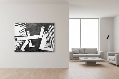 Schwarz‑Weiß‑Ölkreide „Aufmarsch II“ (2000), 85 × 90 cm, Franz Vornberger; expressives Blatt zu kollektiver Dynamik/Bedrohung.