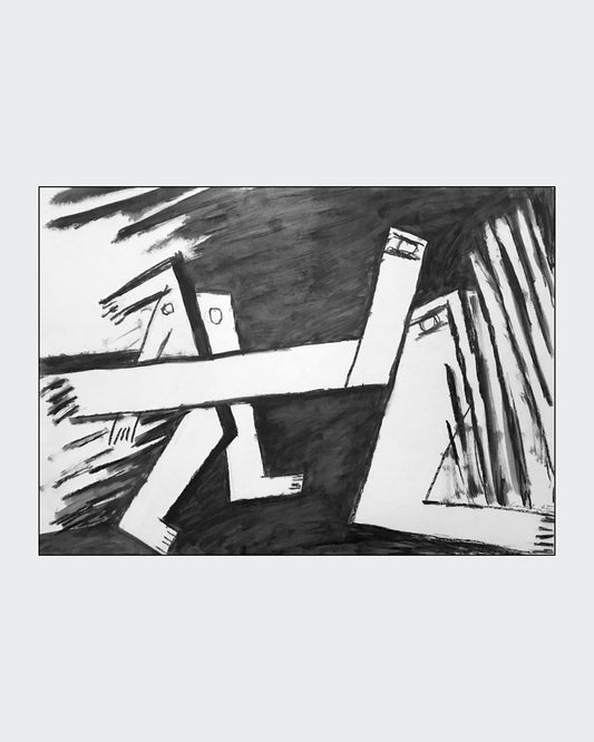 Schwarz‑Weiß‑Ölkreide „Aufmarsch II“ (2000), 85 × 90 cm, Franz Vornberger; expressives Blatt zu kollektiver Dynamik/Bedrohung.