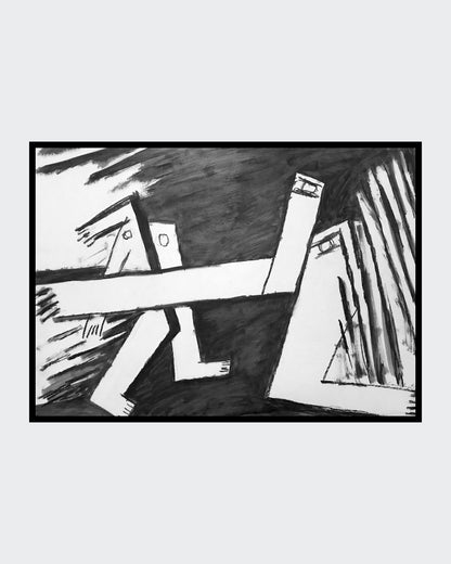 Schwarz‑Weiß‑Ölkreide „Aufmarsch II“ (2000), 85 × 90 cm, Franz Vornberger; expressives Blatt zu kollektiver Dynamik/Bedrohung.