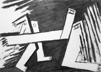 Schwarz‑Weiß‑Ölkreide „Aufmarsch II“ (2000), 85 × 90 cm, Franz Vornberger; expressives Blatt zu kollektiver Dynamik/Bedrohung.