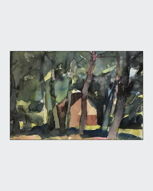 Franz Vornbergers Aquarell 'Bei Spal' ist ein herausragendes Beispiel für seine Spätwerke. Die kraftvolle, pastose Farbführung und die dynamische Komposition zeugen von einer beeindruckenden Sicherheit im Umgang mit dem Medium. Die Reduktion auf das Wesentliche, die für Vornbergers Stil charakteristisch ist, wird hier besonders deutlich. Die dichte Vegetation steht in einem spannungsvollen Verhältnis zu den klaren Formen des Hauses und schafft eine tiefgründige Atmosphäre. 