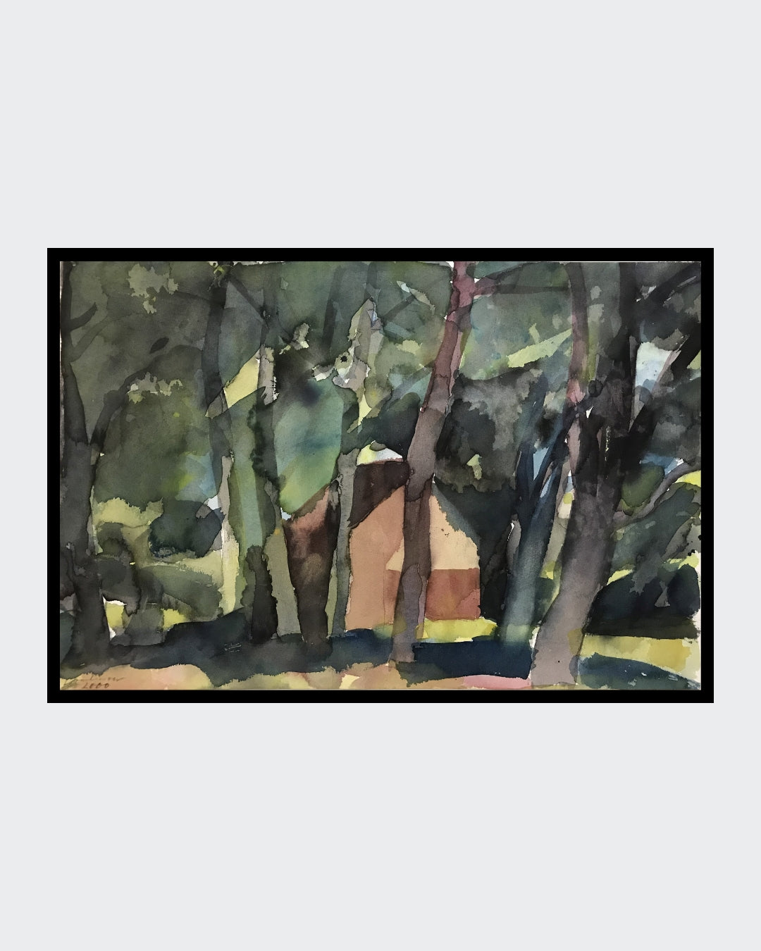 Franz Vornbergers Aquarell 'Bei Spal' ist ein herausragendes Beispiel für seine Spätwerke. Die kraftvolle, pastose Farbführung und die dynamische Komposition zeugen von einer beeindruckenden Sicherheit im Umgang mit dem Medium. Die Reduktion auf das Wesentliche, die für Vornbergers Stil charakteristisch ist, wird hier besonders deutlich. Die dichte Vegetation steht in einem spannungsvollen Verhältnis zu den klaren Formen des Hauses und schafft eine tiefgründige Atmosphäre. 