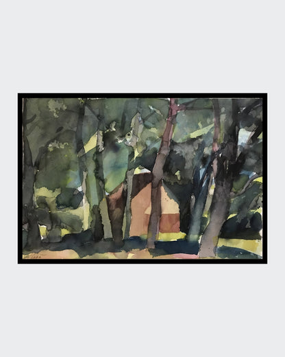 Franz Vornbergers Aquarell 'Bei Spal' ist ein herausragendes Beispiel für seine Spätwerke. Die kraftvolle, pastose Farbführung und die dynamische Komposition zeugen von einer beeindruckenden Sicherheit im Umgang mit dem Medium. Die Reduktion auf das Wesentliche, die für Vornbergers Stil charakteristisch ist, wird hier besonders deutlich. Die dichte Vegetation steht in einem spannungsvollen Verhältnis zu den klaren Formen des Hauses und schafft eine tiefgründige Atmosphäre. 