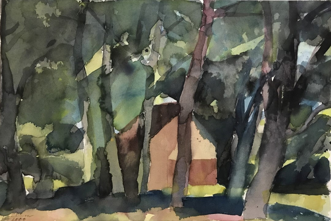 Franz Vornbergers Aquarell 'Bei Spal' ist ein herausragendes Beispiel für seine Spätwerke. Die kraftvolle, pastose Farbführung und die dynamische Komposition zeugen von einer beeindruckenden Sicherheit im Umgang mit dem Medium. Die Reduktion auf das Wesentliche, die für Vornbergers Stil charakteristisch ist, wird hier besonders deutlich. Die dichte Vegetation steht in einem spannungsvollen Verhältnis zu den klaren Formen des Hauses und schafft eine tiefgründige Atmosphäre. 