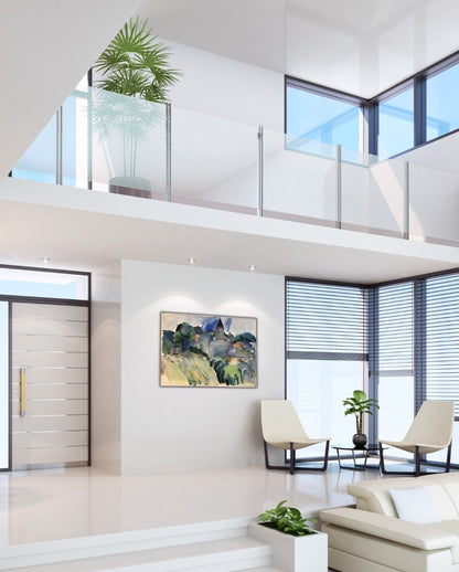 Das Aquarell „Bertelsdorf“ von Franz Vornberger zeigt ein fränkisches Dorf mit einem Kirchturm im Zentrum. Gebäude, Dächer und Vegetation sind in weichen, ineinanderfließenden Blau-, Grün- und Erdtönen gehalten. Der Himmel ist von zarten Blau- und Grauschattierungen geprägt, während das Sonnenlicht subtil über die Landschaft gleitet und Tiefe schafft. Die Architektur ist skizzenhaft angedeutet, wodurch die Szene einen verträumten, impressionistischen Charakter erhält. 