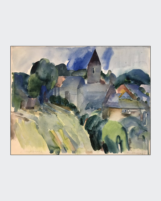 Das Aquarell „Bertelsdorf“ von Franz Vornberger zeigt ein fränkisches Dorf mit einem Kirchturm im Zentrum. Gebäude, Dächer und Vegetation sind in weichen, ineinanderfließenden Blau-, Grün- und Erdtönen gehalten. Der Himmel ist von zarten Blau- und Grauschattierungen geprägt, während das Sonnenlicht subtil über die Landschaft gleitet und Tiefe schafft. Die Architektur ist skizzenhaft angedeutet, wodurch die Szene einen verträumten, impressionistischen Charakter erhält. 