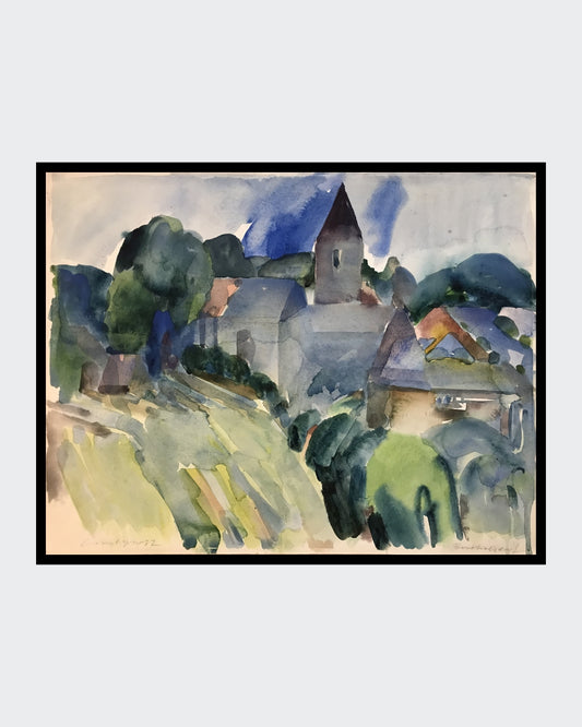 Das Aquarell „Bertelsdorf“ von Franz Vornberger zeigt ein fränkisches Dorf mit einem Kirchturm im Zentrum. Gebäude, Dächer und Vegetation sind in weichen, ineinanderfließenden Blau-, Grün- und Erdtönen gehalten. Der Himmel ist von zarten Blau- und Grauschattierungen geprägt, während das Sonnenlicht subtil über die Landschaft gleitet und Tiefe schafft. Die Architektur ist skizzenhaft angedeutet, wodurch die Szene einen verträumten, impressionistischen Charakter erhält. 