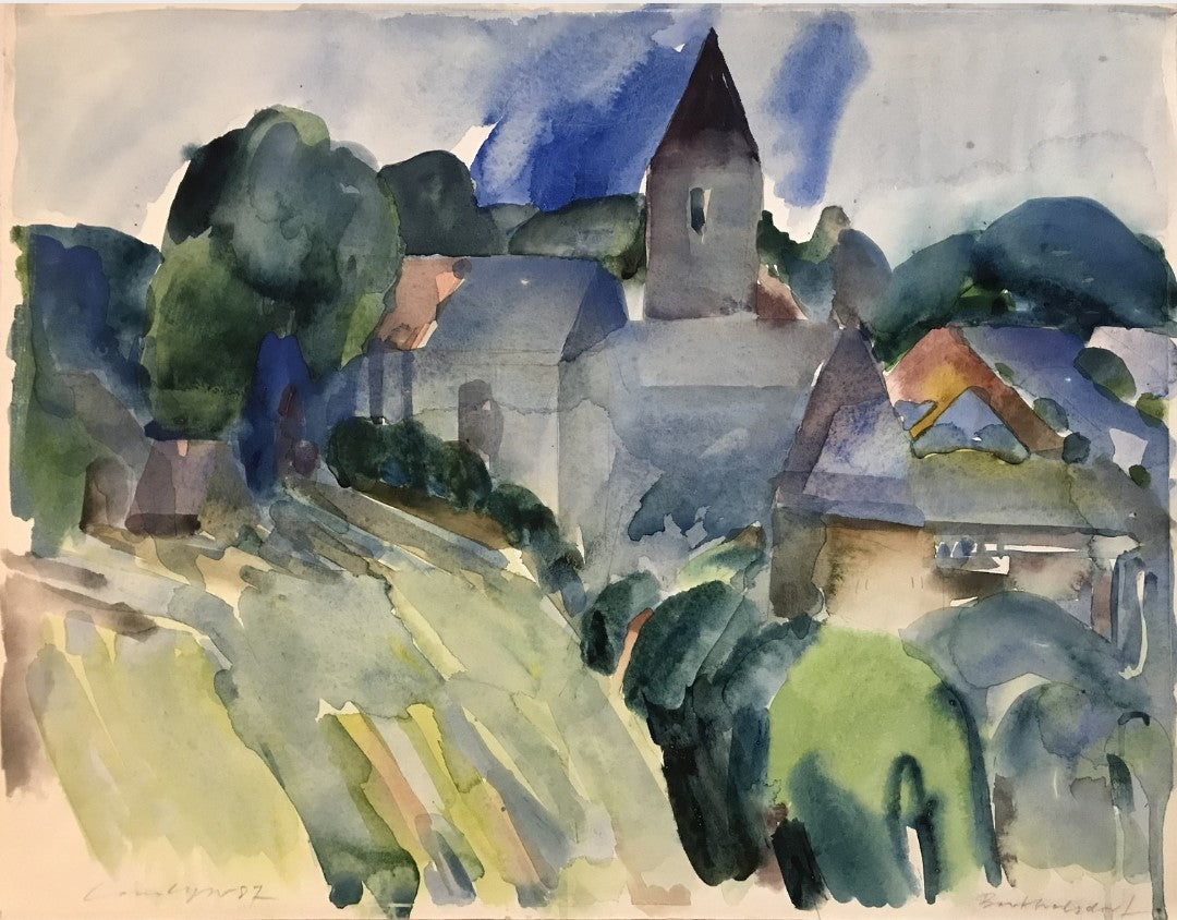 Das Aquarell „Bertelsdorf“ von Franz Vornberger zeigt ein fränkisches Dorf mit einem Kirchturm im Zentrum. Gebäude, Dächer und Vegetation sind in weichen, ineinanderfließenden Blau-, Grün- und Erdtönen gehalten. Der Himmel ist von zarten Blau- und Grauschattierungen geprägt, während das Sonnenlicht subtil über die Landschaft gleitet und Tiefe schafft. Die Architektur ist skizzenhaft angedeutet, wodurch die Szene einen verträumten, impressionistischen Charakter erhält. 