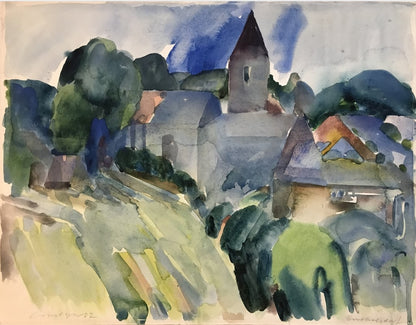 Das Aquarell „Bertelsdorf“ von Franz Vornberger zeigt ein fränkisches Dorf mit einem Kirchturm im Zentrum. Gebäude, Dächer und Vegetation sind in weichen, ineinanderfließenden Blau-, Grün- und Erdtönen gehalten. Der Himmel ist von zarten Blau- und Grauschattierungen geprägt, während das Sonnenlicht subtil über die Landschaft gleitet und Tiefe schafft. Die Architektur ist skizzenhaft angedeutet, wodurch die Szene einen verträumten, impressionistischen Charakter erhält. 