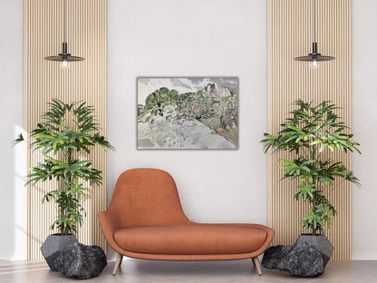 Aquarellmalerei von Franz Vornberger. Das Bild zeigt eine hügelige Landschaft mit vielen Bäumen und Felsen. Im Hintergrund ragt ein großer Felsvorsprung empor. Die Farben sind grün, grau und braun, was einen ruhigen und natürlichen Eindruck vermittelt.