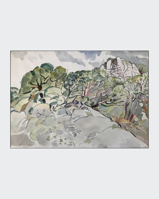 Aquarellmalerei von Franz Vornberger, Künstler aus Stuttgart. Das Bild zeigt eine hügelige Landschaft mit vielen Bäumen und Felsen. Im Hintergrund ragt ein großer Felsvorsprung empor. Die Farben sind grün, grau und braun, was einen ruhigen und natürlichen Eindruck vermittelt.