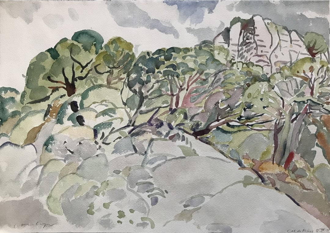 Aquarellmalerei von Franz Vornberger. Das Bild zeigt eine hügelige Landschaft mit vielen Bäumen und Felsen. Im Hintergrund ragt ein großer Felsvorsprung empor. Die Farben sind grün, grau und braun, was einen ruhigen und natürlichen Eindruck vermittelt.