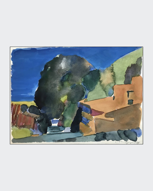 Aquarellmalerei von Franz Vornberger aus dem Jahr 1999. Die Arbeit zeigt eine Hausmauer in einer reduzierten Farbpalette. Der Künstler verwendet einen pastosen Pinselstrich, um die raue Oberfläche der Mauer darzustellen. Bei FEMARTSPACE.