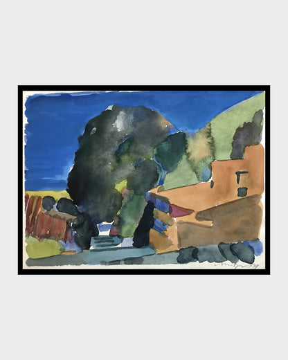 Aquarellmalerei von Franz Vornberger aus dem Jahr 1999. Die Arbeit zeigt eine Hausmauer in einer reduzierten Farbpalette. Der Künstler verwendet einen pastosen Pinselstrich, um die raue Oberfläche der Mauer darzustellen. Bei FEMARTSPACE.