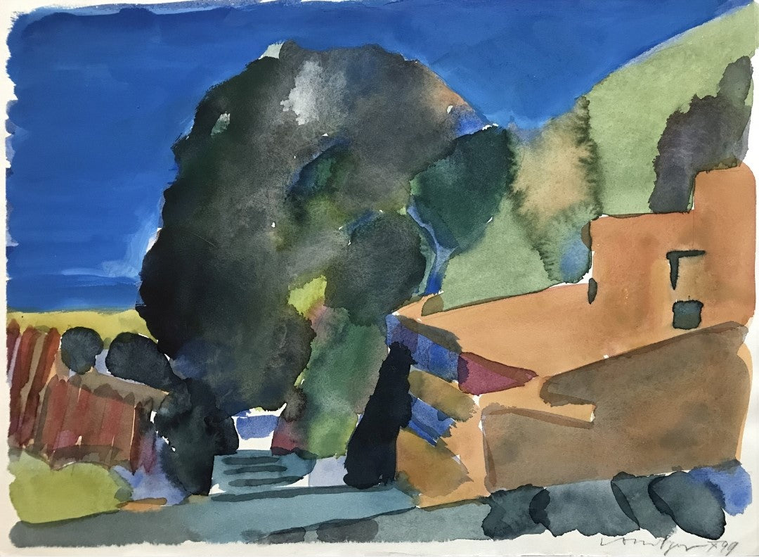 Aquarellmalerei von Franz Vornberger aus dem Jahr 1999. Die Arbeit zeigt eine Hausmauer in einer reduzierten Farbpalette. Der Künstler verwendet einen pastosen Pinselstrich, um die raue Oberfläche der Mauer darzustellen. Bei FEMARTSPACE.