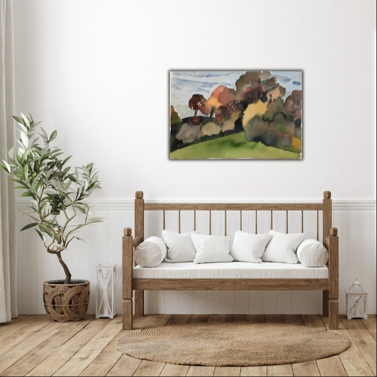 Franz Vornberger, Herbst fränk. Jura, Aquarell, 37 x 52 cm, 1996. Das Werk ist charakteristisch für Vornbergers Spätwerk, in dem er sich verstärkt der Natur und ihrer malerischen Übersetzung widmet. Die reduzierte Formensprache und die expressive Farbgebung verleihen dem Bild eine zeitlose Qualität.