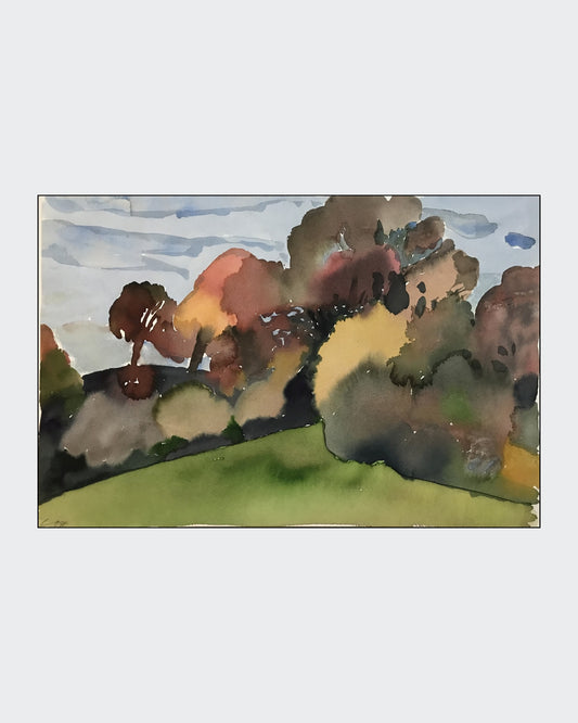 Franz Vornberger, Herbst fränk. Jura, Aquarell, 37 x 52 cm, 1996. Das Werk ist charakteristisch für Vornbergers Spätwerk, in dem er sich verstärkt der Natur und ihrer malerischen Übersetzung widmet. Die reduzierte Formensprache und die expressive Farbgebung verleihen dem Bild eine zeitlose Qualität.