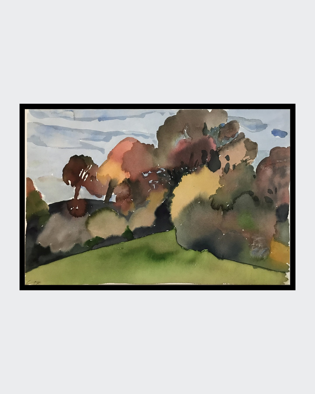 Franz Vornberger, Herbst fränk. Jura, Aquarell, 37 x 52 cm, 1996. Das Werk ist charakteristisch für Vornbergers Spätwerk, in dem er sich verstärkt der Natur und ihrer malerischen Übersetzung widmet. Die reduzierte Formensprache und die expressive Farbgebung verleihen dem Bild eine zeitlose Qualität.
