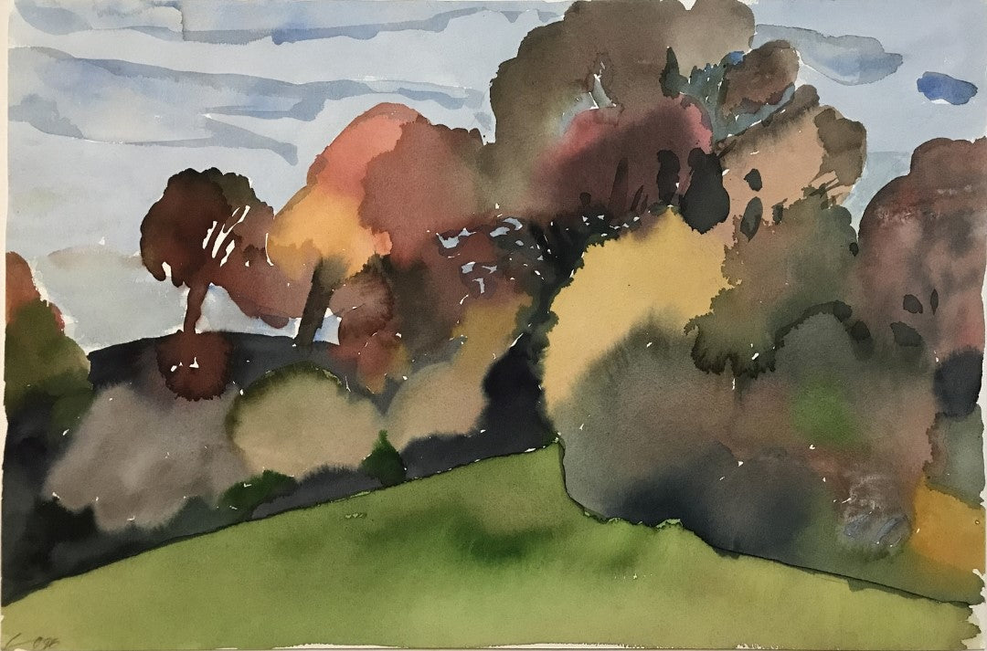 Franz Vornberger, Herbst fränk. Jura, Aquarell, 37 x 52 cm, 1996. Das Werk ist charakteristisch für Vornbergers Spätwerk, in dem er sich verstärkt der Natur und ihrer malerischen Übersetzung widmet. Die reduzierte Formensprache und die expressive Farbgebung verleihen dem Bild eine zeitlose Qualität.