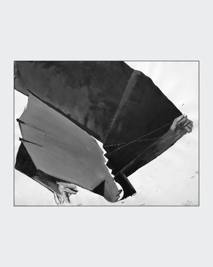 Schwarz‑Weiß‑Mischtechnik „Ikarus“ (1994), 78 × 100 cm, Franz Vornberger; Mythos als Metapher für Eskalation und Fall.