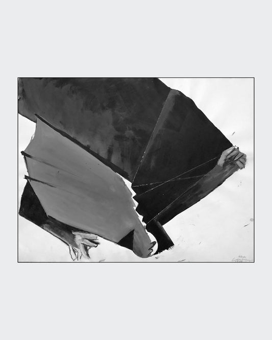 Schwarz‑Weiß‑Mischtechnik „Ikarus“ (1994), 78 × 100 cm, Franz Vornberger; Mythos als Metapher für Eskalation und Fall.