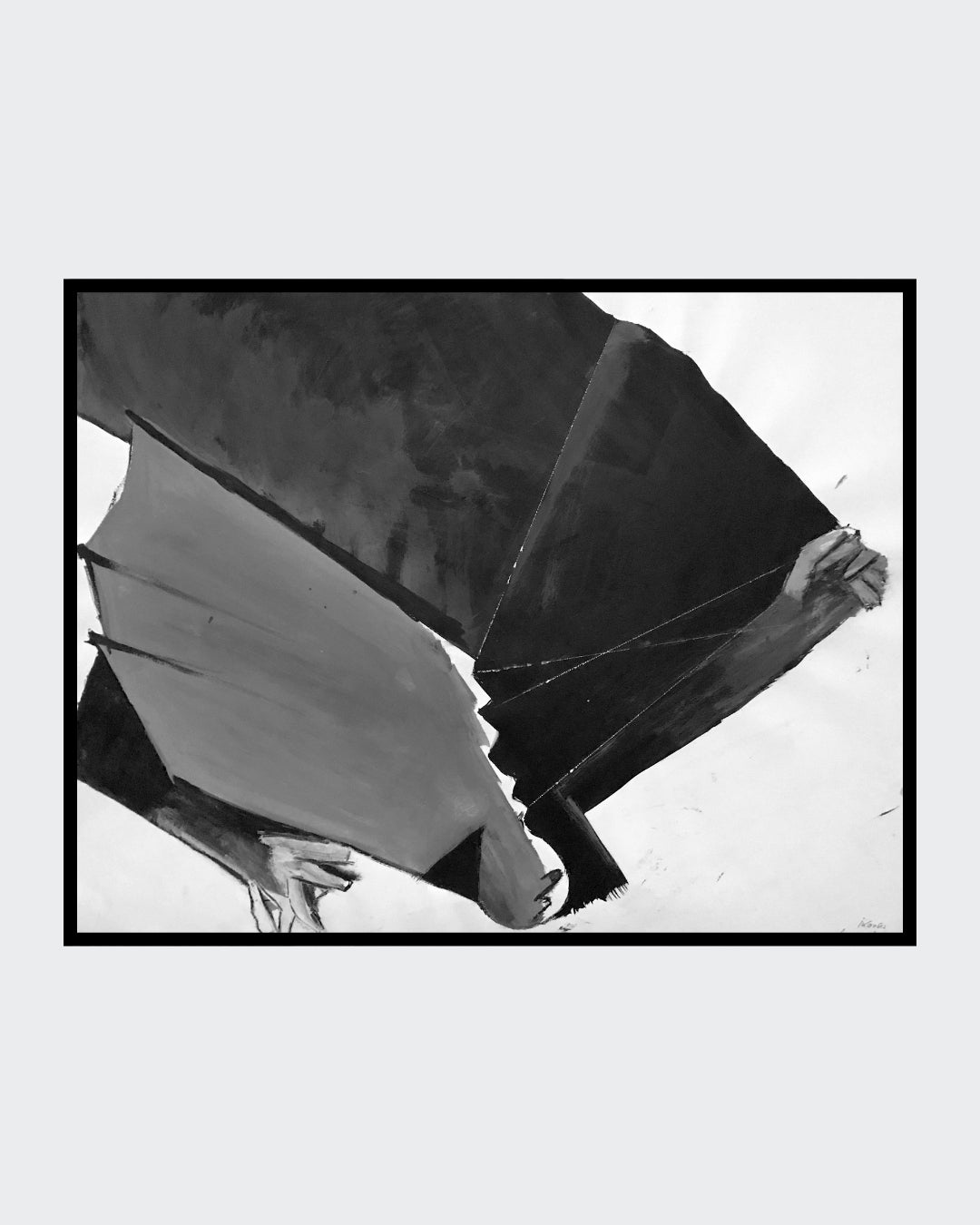 Schwarz‑Weiß‑Mischtechnik „Ikarus“ (1994), 78 × 100 cm, Franz Vornberger; Mythos als Metapher für Eskalation und Fall.