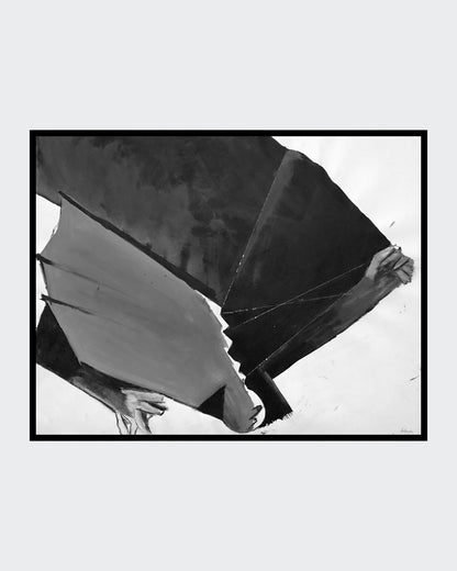 Schwarz‑Weiß‑Mischtechnik „Ikarus“ (1994), 78 × 100 cm, Franz Vornberger; Mythos als Metapher für Eskalation und Fall.