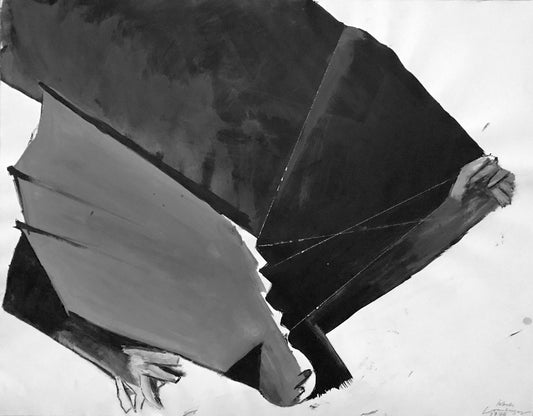 Schwarz‑Weiß‑Mischtechnik „Ikarus“ (1994), 78 × 100 cm, Franz Vornberger; Mythos als Metapher für Eskalation und Fall.