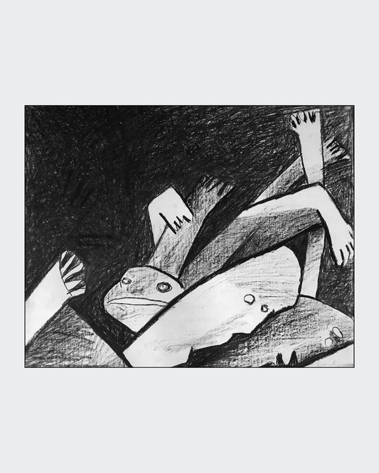 Schwarz‑Weiß‑Ölkreide „Inferno“ (1999), 65 × 78 cm, Franz Vornberger; abstrahierte, konflikthafte Verdichtung