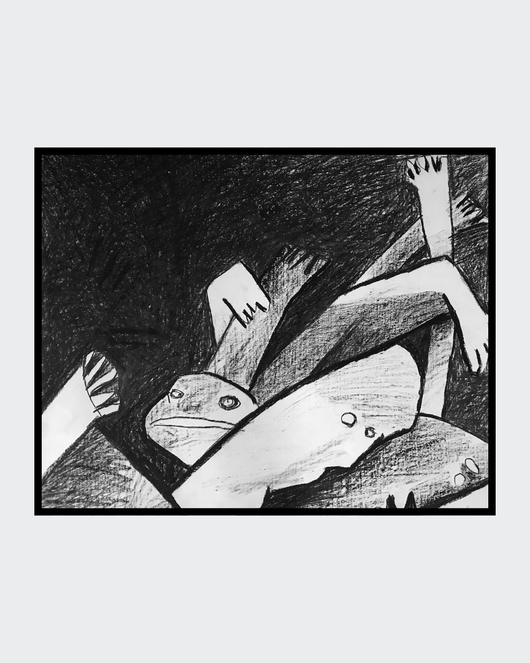 Schwarz‑Weiß‑Ölkreide „Inferno“ (1999), 65 × 78 cm, Franz Vornberger; abstrahierte, konflikthafte Verdichtung