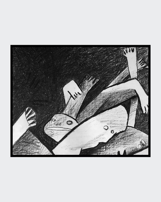 Schwarz‑Weiß‑Ölkreide „Inferno“ (1999), 65 × 78 cm, Franz Vornberger; abstrahierte, konflikthafte Verdichtung