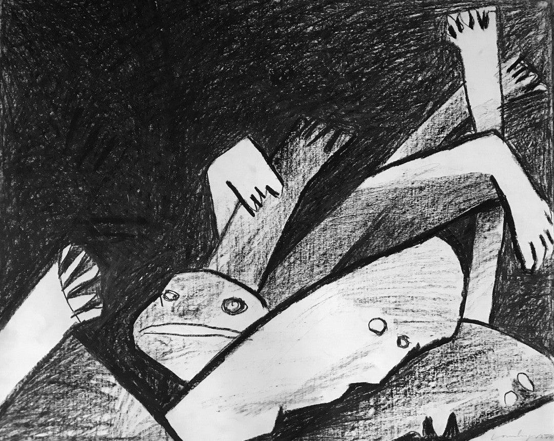 Schwarz‑Weiß‑Ölkreide „Inferno“ (1999), 65 × 78 cm, Franz Vornberger; abstrahierte, konflikthafte Verdichtung