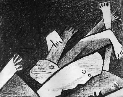 Schwarz‑Weiß‑Ölkreide „Inferno“ (1999), 65 × 78 cm, Franz Vornberger; abstrahierte, konflikthafte Verdichtung