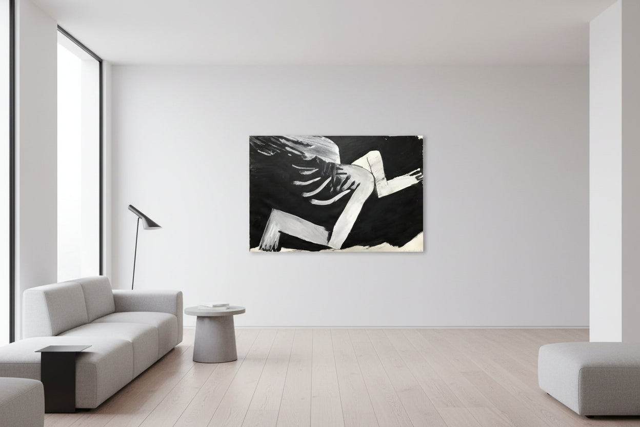 Schwarz‑Weiß‑Mischtechnik „Pegasus“ (1996), 53 × 78 cm, Franz Vornberger; poetisches Gegenmotiv von Auftrieb/Transzendenz.