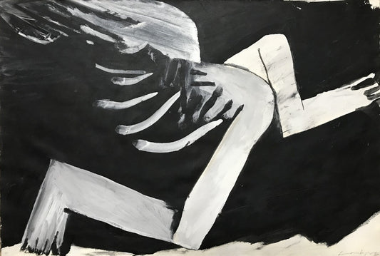 Schwarz‑Weiß‑Mischtechnik „Pegasus“ (1996), 53 × 78 cm, Franz Vornberger; poetisches Gegenmotiv von Auftrieb/Transzendenz.