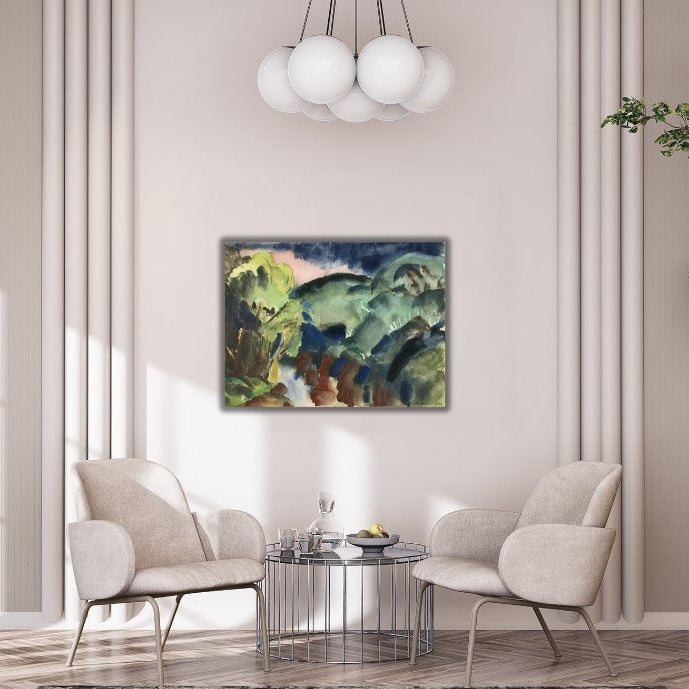 Das Aquarell „Rednitz“ zeigt eine abstrahierte Flusslandschaft in intensiven Farben. Ein Fluss zieht sich diagonal durch das Bild, umgeben von grünem Ufer und braunen Steinformationen. Die dominierenden Blautöne des Wassers kontrastieren mit dem warmen Braun der Steine und den lebendigen Grüntönen der Vegetation. Der Himmel ist in dunklen Blau- und Rosatönen gehalten, was dem Werk eine dramatische und atmosphärische Stimmung verleiht. Der Pinselstrich wirkt spontan und expressiv.