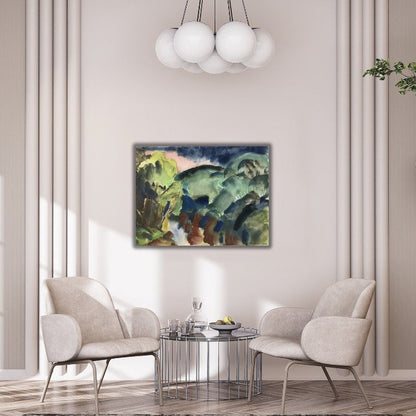 Das Aquarell „Rednitz“ zeigt eine abstrahierte Flusslandschaft in intensiven Farben. Ein Fluss zieht sich diagonal durch das Bild, umgeben von grünem Ufer und braunen Steinformationen. Die dominierenden Blautöne des Wassers kontrastieren mit dem warmen Braun der Steine und den lebendigen Grüntönen der Vegetation. Der Himmel ist in dunklen Blau- und Rosatönen gehalten, was dem Werk eine dramatische und atmosphärische Stimmung verleiht. Der Pinselstrich wirkt spontan und expressiv.