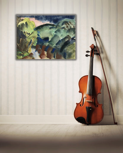 Das Aquarell „Rednitz“ zeigt eine abstrahierte Flusslandschaft in intensiven Farben. Ein Fluss zieht sich diagonal durch das Bild, umgeben von grünem Ufer und braunen Steinformationen. Die dominierenden Blautöne des Wassers kontrastieren mit dem warmen Braun der Steine und den lebendigen Grüntönen der Vegetation. Der Himmel ist in dunklen Blau- und Rosatönen gehalten, was dem Werk eine dramatische und atmosphärische Stimmung verleiht. Der Pinselstrich wirkt spontan und expressiv.