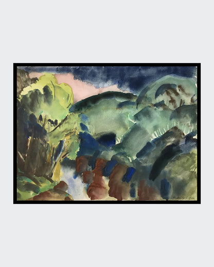 Das Aquarell „Rednitz“ zeigt eine abstrahierte Flusslandschaft in intensiven Farben. Ein Fluss zieht sich diagonal durch das Bild, umgeben von grünem Ufer und braunen Steinformationen. Die dominierenden Blautöne des Wassers kontrastieren mit dem warmen Braun der Steine und den lebendigen Grüntönen der Vegetation. Der Himmel ist in dunklen Blau- und Rosatönen gehalten, was dem Werk eine dramatische und atmosphärische Stimmung verleiht. Der Pinselstrich wirkt spontan und expressiv.