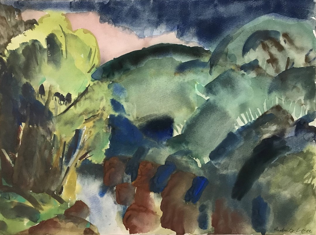 Das Aquarell „Rednitz“ zeigt eine abstrahierte Flusslandschaft in intensiven Farben. Ein Fluss zieht sich diagonal durch das Bild, umgeben von grünem Ufer und braunen Steinformationen. Die dominierenden Blautöne des Wassers kontrastieren mit dem warmen Braun der Steine und den lebendigen Grüntönen der Vegetation. Der Himmel ist in dunklen Blau- und Rosatönen gehalten, was dem Werk eine dramatische und atmosphärische Stimmung verleiht. Der Pinselstrich wirkt spontan und expressiv.