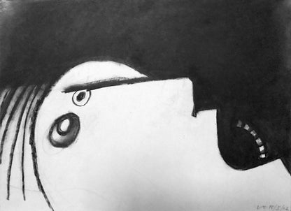 Schwarz‑Weiß‑Ölkreide „Schrei“ (2002), 35 × 50 cm, Franz Vornberger; komprimierter Affekt und Existenzthema. 