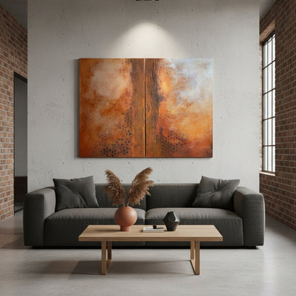 Abstraktes zweiteiliges Mixed-Media-Diptychon in erdigen Rost-, Braun-, Beige- und Ockertönen mit strukturierter Oberfläche, dunklen wabenartigen Mustern und einem markanten vertikalen Bruch in der Bildmitte.